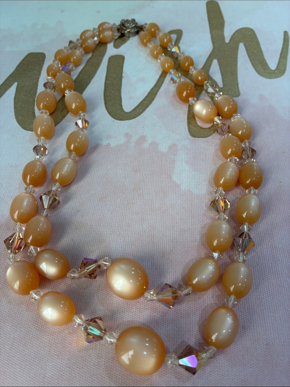 Elegant AB Beveled Glass With Peach Pearl-Effect Double Strand Necklace